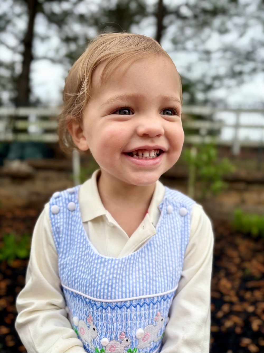 Light Blue Smocked Seersucker Baby Romper with Bunny Motif